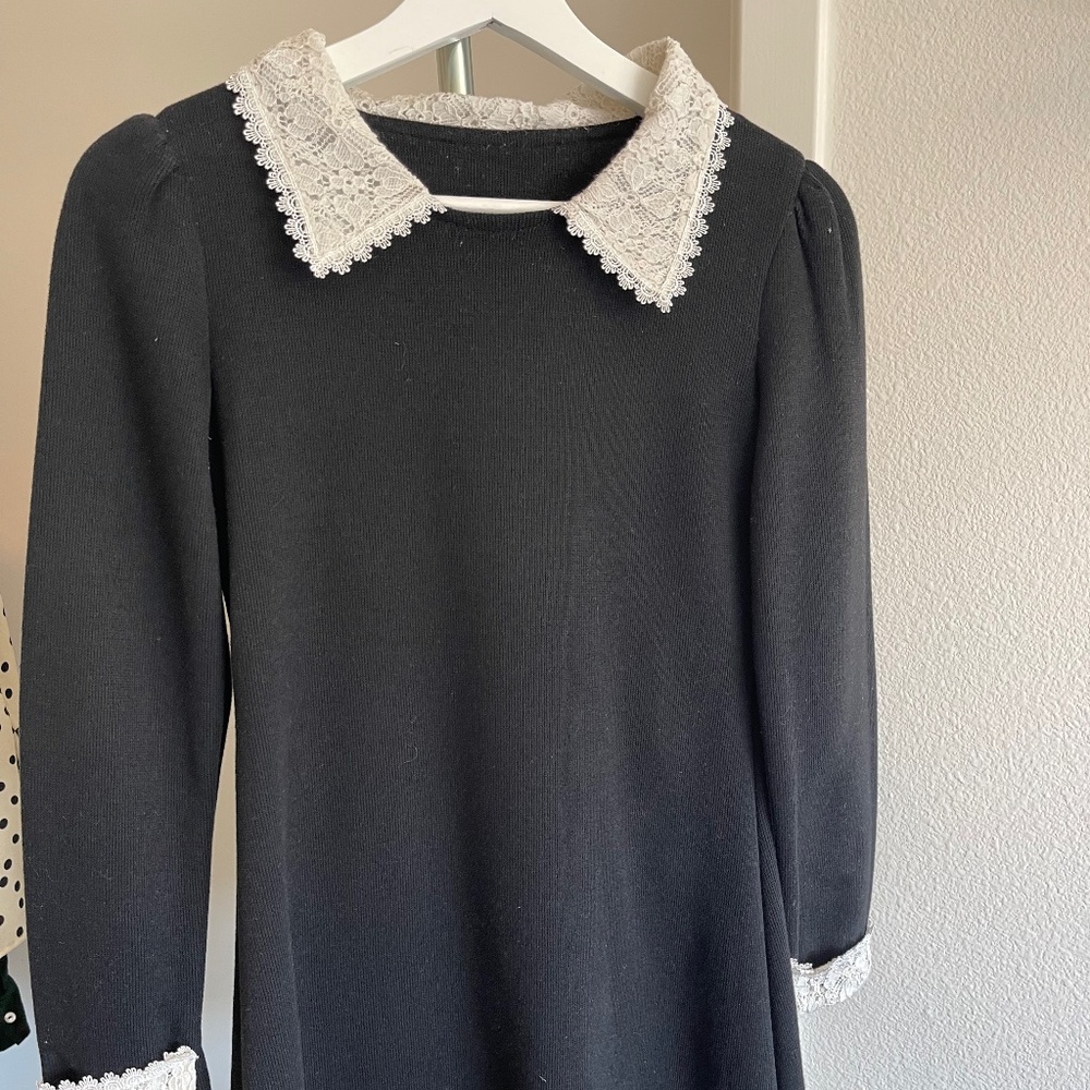 Wednesday Addams black mini black dress with lace collar and sleeve trim size xs
